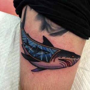 Shark Tattoo by Sam Kane #SharkTattoos #SharkTattoo #Shark #SamKaneShark #SamKaneSharkTattoos #CreativeSharkTattoos #AustralianTattooArtists #SamKane