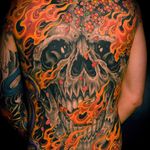 Skull and fire by Mike Rubendall #MikeRubendall #color #blackandgrey #Japanese #backpiece #skull #fire #cherryblossoms #petals #death #bones #dragon #flowers #tattoooftheday