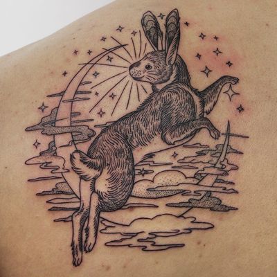 Over the moon tattoo by A-B M valley #ABM #AbmValley #Valley #naturetattoos #blackwork #linework #dotwork #rabbit #bunny #hare #animal #forestlife #moon #stars #clouds #sky #tattoooftheday