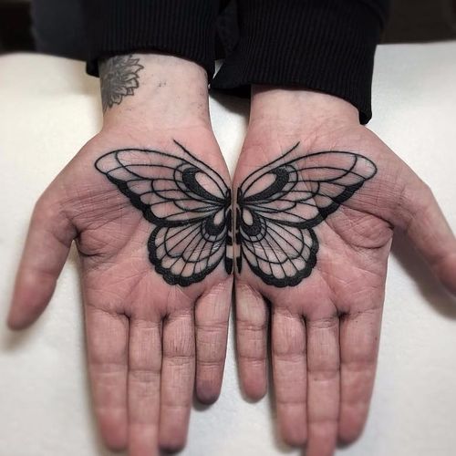 Releasing the butterfly by Mark Walker #MarkWalker #blackwork #linework #palmtattoo #palm #butterfly #moth #wings #tattoooftheday