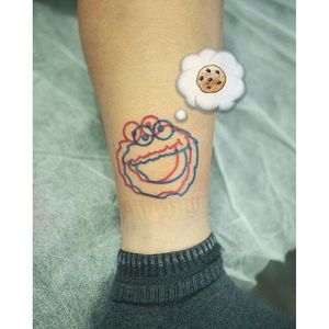 Cookie Monster anaglyph tattoo by Marcus Yuen. #MarcusYuen #anaglyph #cartoon #3d #popculture #sesamestreet #cookiemonster
