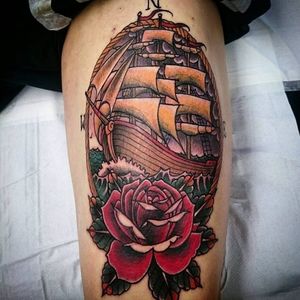 Traditional ship tattoo by Rob Steele #RobSteele #trad #ship #traditional #traditionalship