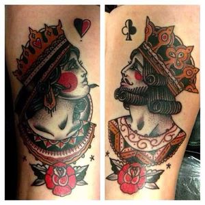 King and Queen Tattoo, artist unknown #kingandqueen #kingandqueentattoo #king #queen #playingcard #playingcardtattoo #cardtattoos