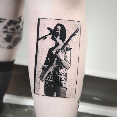 St. Vincent tattoo by Charley Gerardin #charleygerardin #musictattoos #blackwork #dotwork #illustrative #music #singer #guitar #stvincent #lady #portrait