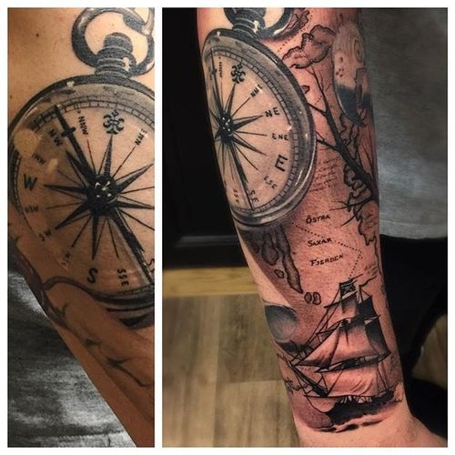 Black and grey ship, map and compass half sleeve by Jens Bergstrom. #blackandgrey #realism #ship #compass #map #halfsleeve #JensBergstrom