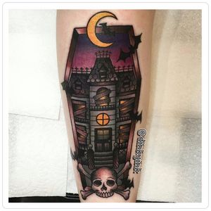 Haunted House Halloween Tattoo by Keelin Cor @Dinkyink #Hauntedhouse #Halloween #Halloweentattoo
