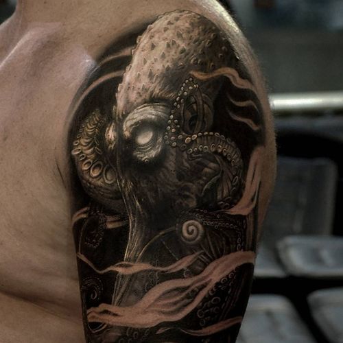 Octopus tattoo by Thomas Wells #ThomasWells #octopustattoos #blackandgrey #realism #realistic #oceanlife #ocean #animal #darkart #waves #smoke #tattoooftheday