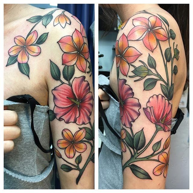 Vanessa on Instagram Hawaiian tropical  half sleeve for Zoe  need  to go back to Hawai  Quarter sleeve tattoos Half sleeve tattoo Hawaiian  flower tattoos