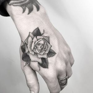 Skull Rose Tattoo by Nathan Kostechko #roseskull #roseskulltattoo #blackandgrey #blackandgreytattoo #blackandgreytattoos #fineline #finelinetattoo #blackwork #detailed #NathanKostechko