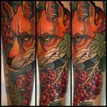 Super cool and solid looking fox tattoo by Sam Clark. #SamClark #NeoTraditional #fox