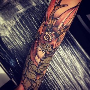 Jackalope tattoo by Tom Bartley. #TomBartley #jackalope #fable #imaginary #animal #antler #rabbit #neotraditional