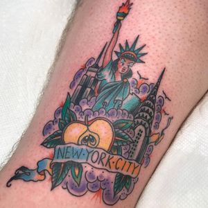 New York icons tattoo by Greg the Hype man #gregthehypeman #newyorktattoo #color #traditional #banner #text #newyorkcity #nyc #apple #bigapple #ladyliberty #statueofliberty #ChryslerBuilding #empirestatebuilding