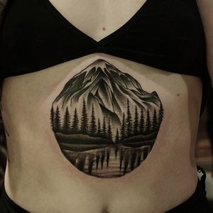 Landscape tattoo by Franco Maldonado #FrancoMaldonado #landscapetattoos #blackandgrey #mountain #forest #reflection #water #sky #lake #nature #camping #tattoooftheday