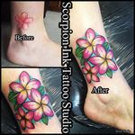 Frangipani Cover Up Tattoo by Scorpion Ink Tattoo #frangipani #plumeria #coverup #ScorpionInk #flower