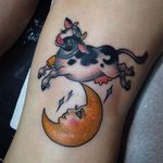 Cow Flew Over The Moon Tattoo by Sadee Glover @sadee_glover #sadeeglover #sadee_glover #cute #neotraditional #cow #moon