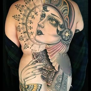 Back Piece in Progress by Rose Hardy (via IG-rosehardy) #ladyhead #traditional #neotraditional #detailed #color #rosehardy