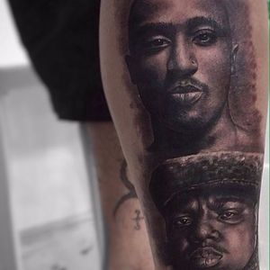 Portraits of Biggie and 2Pac. Tattoo by Emersson Pabon. #emerssonpabon #biggie #PAC #2PAC #realism #blackandgrey
