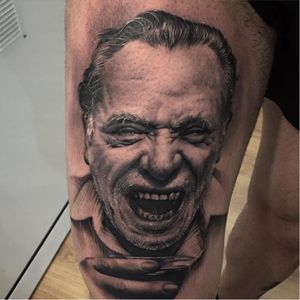 Bukowski tattoo by Riccardo Cassese #bukowski #CharlesBukowski #RiccardoCassese #literature #writer #poet #blackandgrey #portrait #realistic