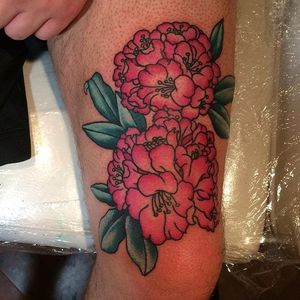Pretty pink rhododendron tattoo by Danny Kalan. #flower #botanical #rhododendron #traditional #DannyKalan
