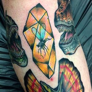Amber Tattoo by James Ghrey #amber #ambertattoo #mosquito #mosquitotattoo #fossil #jurassicpark #jurassicparktattoo #JamesGhrey