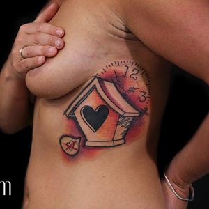 Graphic tattoo by Emilie B. #EmilieB #graphic #birdhouse #clock #heart