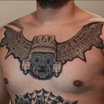 A Tlaloc (god of the rains) necklace tattoo by Goethe (IG—tattoosbygoethe). #Aztec #color #death #fineart #Goethe #Tlaloc #Underworld
