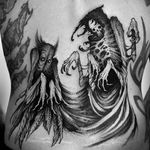 Grim Reaper tattoos by Sergei Titukh. #SergeiTitukh #blackwork #creepy #nightmare #creature #spooky #dark #monster #grimreaper