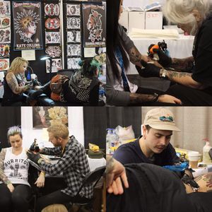 Clockwise from the top — Kate Collins, Shanghai Kate, Ivan Antonyshev and Chad Lenjer tattooing at the Philadelphia Tattoo Arts Convention.