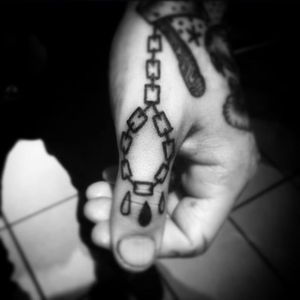 Chain links in thumb, awesome work by Kyle Lifetime. #KyleLifetime #blacktattoos #traditionaltattoo #chains #noose #blackwork
