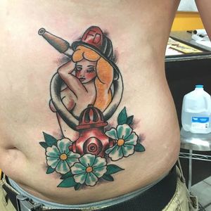 Sexy classic fire lady, by Trae Abbott #firefighterbabe #firefightertattoo
