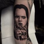 Black and grey portrait tattoo by Pete Belson. #blackandgrey #petethethief #PeteBelson #portrait #addamsfamily #wednesdayaddams