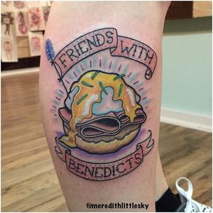 Food pun eggs Benedict tattoo by Meredith Little Sky. #neotraditional #food #foodtattoo #eggs #eggsbenedict #foodpun #pun #MeredithLittleSky