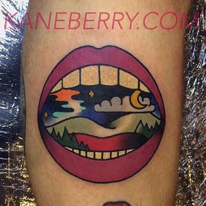 Open wide and let's take a look inside... Tattoo by Kane Berry. #lips #mouth #nightscene #landscape #traditional #KaneBerry