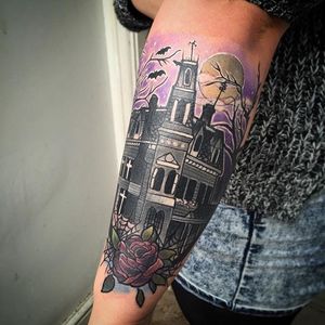 Cute but creepy Addams family house tattoo by Isobel Juliet Stevenson. #cute #girly #IsobelJulietStevenson #neotraditional #house #AddamsFamily