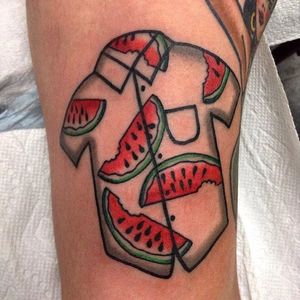 Party shirt tattoo by Andrew Mongenas. #AndrewMongenas #partyshirt #hawaiianshirt #dadshirt #shirt #hawaiian #traditional #watermelon #alohashirt #watermelon #AndrewMongenas