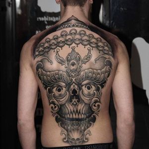 Tibetan skull back piece by Mads Thill. #blackandgrey #tibetan #skull #backpiece #MadsThill