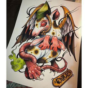 A winged demon looking rat of David Tevenal's own creation Artwork by David Tevenal on Instagram #DavidTevenal #flash #illustration #colorwork #artist #rat #wings #newjapanese