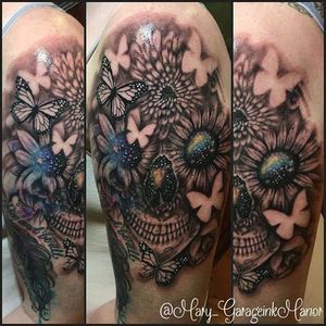 Abstract flower and butterfly skull tattoo by Miss Mary. #blackandgrey #skull #flower #butterfly #MissMary
