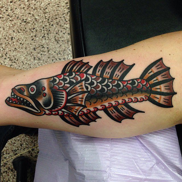 Mens Unique Neo Traditional Tattoo Of Bass Fish On Forearm  Tattoo designs  men Traditional tattoo Traditional tattoo sleeve