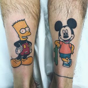 Bart Mouse and Mickey Simpson tattoo by Vinz Flag #VinzFlag #tvtattoo #color #newtraditional #cartoon #thesimpsons #bartsimpson #mickeymouse #skateboard #disney #tattoooftheday
