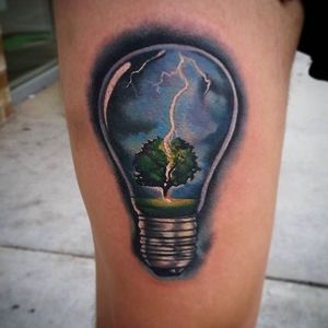 Lightning Light Bulb Tattoo by Chris Huff #lightbulb #lightning #realism #ChrisHuff