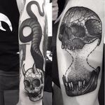 Surrealistic skull tattoos by Abes #Abes #blackwork #surrealistic #skull #dotwork