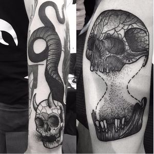 Surrealistic skull tattoos by Abes #Abes #blackwork #surrealistic #skull #dotwork