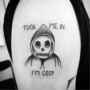 Tuck me in I'm cozy skeleton tattoo by Liz Kim #blackwork #linework #dotwork #lizkim #skeleton