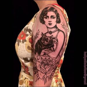 Half sleeve Traditional Portrait Tattoo in progress by Holly Ellis @Hollsballs1 #HollyEllis #IdleHandsSF #idlehandstattoo #Traditional #Black #Portrait #Portraittattoo #ladytattoo