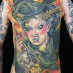 Tattoo by Wendy Pham #WendyPham #TaikoGallery #WenRamen #newtraditional #color #Japanese #mashup #witch #lady #portrait #horns #bird #feathers #wings #baby #death #crow #stew #eyeball #guts #backpiece
