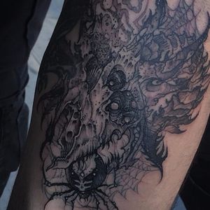 Macabre blackwork tattoo by OilBurner. #OilBurner #blackwork #metal #dark #gothic #handstyle #metal #macabre