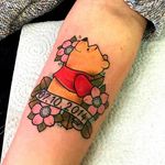 ‘Winnie the Pooh’ tattoo by Rob Beneath. #floral #winniethepooh #pooh #poohbear #nostalgia #children #tvshow #cartoon #book #RobBeneath