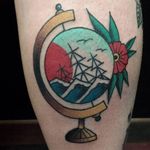 Globe sailing, by Adam Barnes. #AdamBarnes #globe #globetattoo #traditional