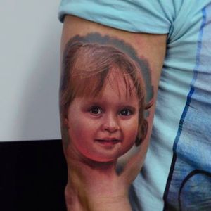 Sweet Realistic Portrait Tattoo of a toddler girl by Poland Rybnik @Karolrybakowski #PolandRybnik #InkognitoTattoo #Realistic #Painter #Style #Child #Children #portrait #toddler #girl